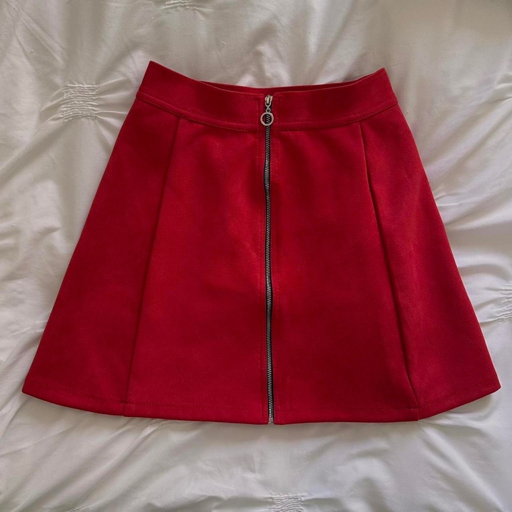Red Faux Suede Front Zipper Mini Skirt